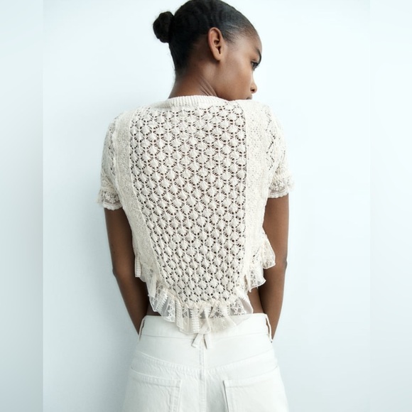NWT Zara Pointelle Ruffle Knit Top - Picture 3 of 17